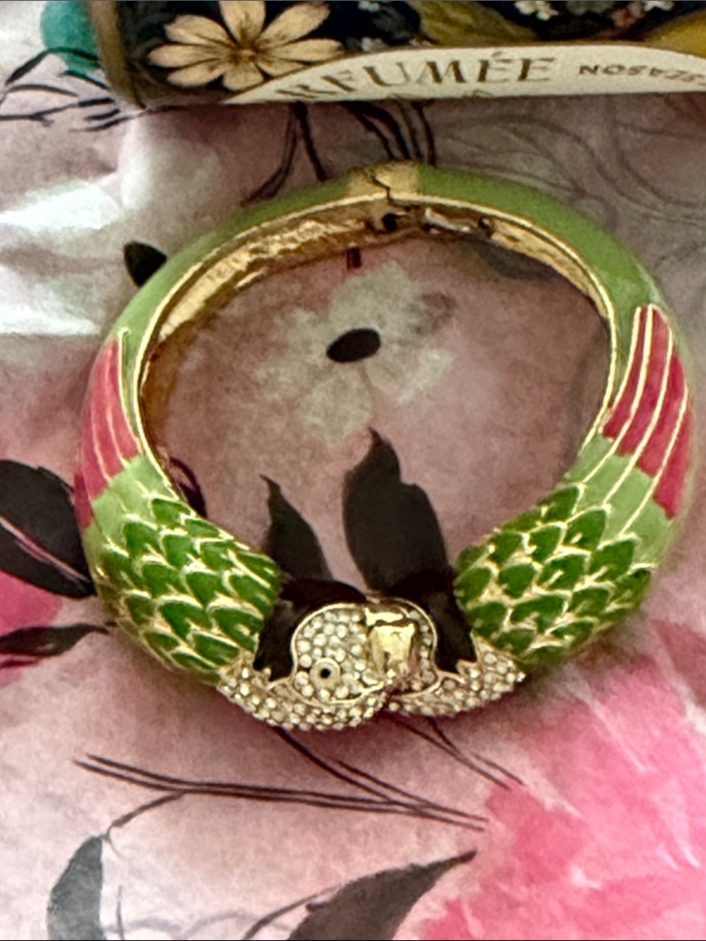 Parrot clamper bracelet green enamel black and pink with crystal gorgeous - Picture 8 of 17